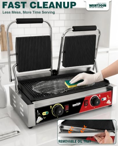 WantJoin Commercial Panini Press Sandwich Panini Maker - 3600W Fast Top & Bottom Heating, 19" x 9" Double Grooved Plates, Dual Temp Control, Sandwich Maker for Restaurant Food Truck