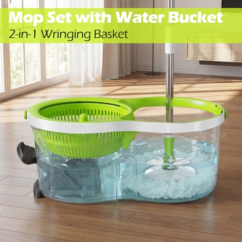 Masthome 360° Spin Mop Bucket 3 Microfiber Pads for Hardwood Floors - color: White