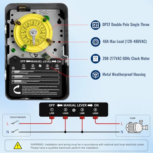 T104 Mechanical Timer Switch, Pool Pump Timer, 208-277V 40A DPST
