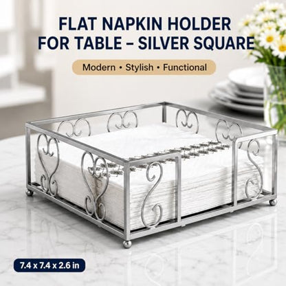 Flat Napkin Holder for Table, Silver Metal Weighted Paper Caddy - color: V - Luncheon Napkin Holder - Silver, size: Luncheon Napkin Holder