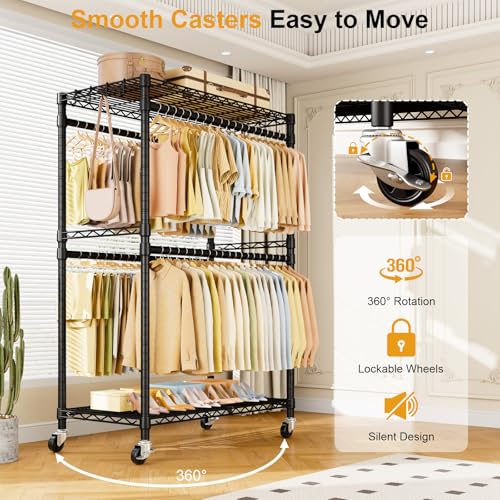 ULIFHOME Rolling Clothes Rack, Clothing Racks for Hanging Clothes, Black - color: Black, size: P4 Plus