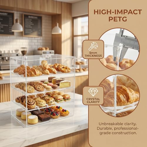 4-Tier Commercial Bakery Display Case, 19.68"x 19.29"x 10.23" Pastry Display Case Countertop Display Cabinet Box for Bread Dessert Food Cookie Baking