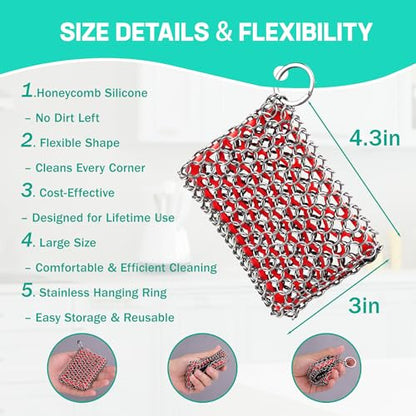 HAUSHOF Cast Iron Scrubber, Chainmail Scrubber Cast Iron Cleaner - color: Red