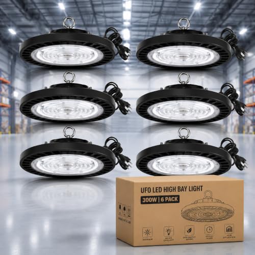 300W-6Pack UFO LED High Bay Light,30000lm 6000K Daylight 2000W Equivalent with US Plug Cable LED Garage Lights Commercial Warehouse Area Light Workshop Garage Factory Lowbay Area Lighting - color: 300W-6Pack