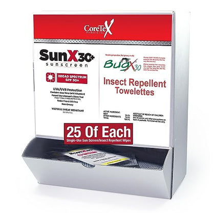 CoreTex Sun X 30+ & Bug X 30 Combo Pack - Includes 50 Total Packets in Wallmount Box - 25 Lotion Pouches & 25 Insect Repellent Towelettes - style: Sun X 30/Bug X 30 Combo