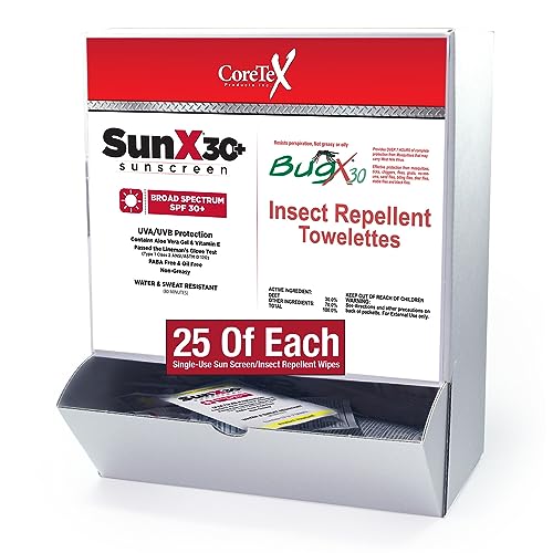 CoreTex Sun X 30+ & Bug X 30 Combo Pack - Includes 50 Total Packets in Wallmount Box - 25 Lotion Pouches & 25 Insect Repellent Towelettes - style: Sun X 30/Bug X 30 Combo
