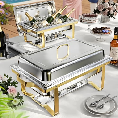 Chafing Dishes for Buffet 4 Pack, 9QT Chafing Dish High Grade Stainless Steel Chafer Complete Set,Steel Handle, Catering Events Complete Buffet Warmer Set (Golden, 2) - color: Golden, size: 2