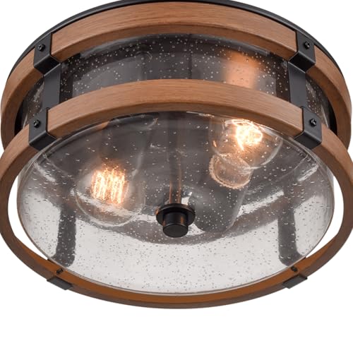 DEYNITE 2-Light Ceiling Light Drum Seeded Glass Shade Black & Rust Light - size: 4.1" Height