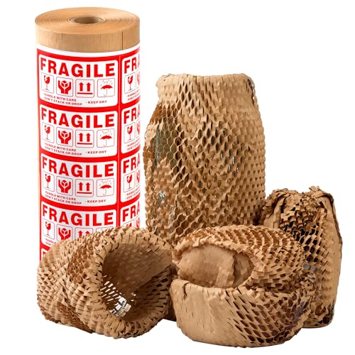 Honeycomb Packing Paper 12" X 200 FT Packing Material for Moving Glass Dishes Wrapping Paper Bubble Wrap for Shipping Fragile Items Shipping Filler with 20 Fragile Stickers - size: 12"x200'