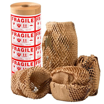 Honeycomb Packing Paper 12" X 200 FT Packing Material for Moving Glass Dishes Wrapping Paper Bubble Wrap for Shipping Fragile Items Shipping Filler with 20 Fragile Stickers - size: 12"x200'