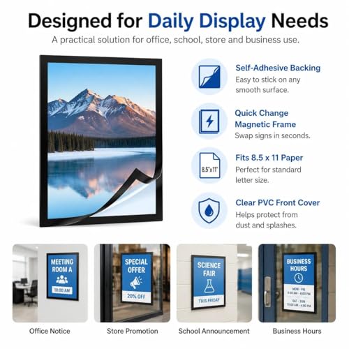 Magnetic Sign Holder 8.5 x 11, 5 Pack Self Adhesive Magnetic Frame for Letter Size Paper, Clear PVC Quick Change Sign Display Sleeve for Glass, Wall, Office, Store & Restaurant - size: 8.5"x11" 5 Pack