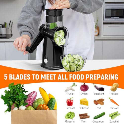 Rotary Cheese Grater Hand Crank, 5-in-1 Vegetable Chopper Spiralizer Slicer - color: Black