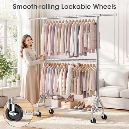 EAGMAK 622 LBS Double Rod Clothing Rack with Wheels Heavy Duty, Silver - color: Silver, size: 43.3"×18.9"×74.8"( Wheels)