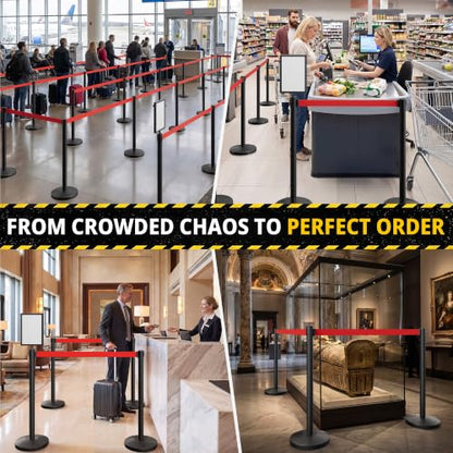 6-Pack Black Stainless Steel Crowd Control Stanchions, 9.8 ft Retractable Red Safety Belts with 1 Sign Holder(Red Belt) - color: Black stanchions w Red Belt, size: 6 pcs
