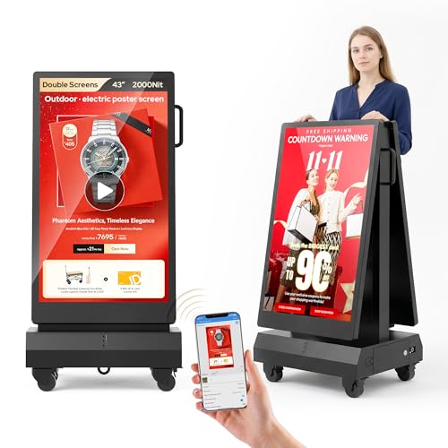 43 Inch Outdoor Double Sided Digital Signage Display, Battery Powered Waterproof Advertising Screen with 2000 Nits Brightness, Android 13, WiFi, Cloud CMS for Retail, Events & Commercial Use