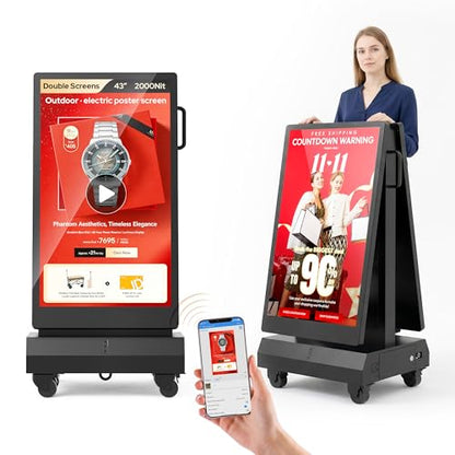 43 Inch Outdoor Double Sided Digital Signage Display, Battery Powered Waterproof Advertising Screen with 2000 Nits Brightness, Android 13, WiFi, Cloud CMS for Retail, Events & Commercial Use