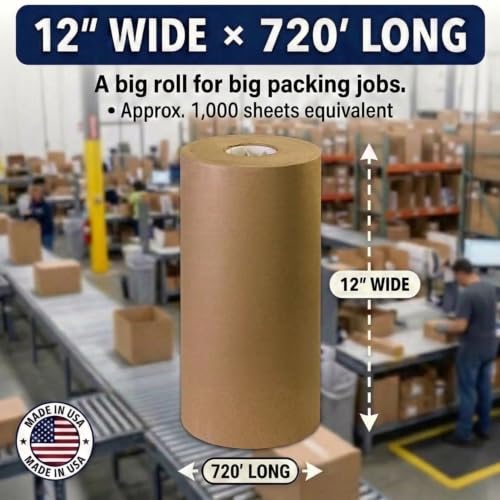 BOX USA Kraft Paper Roll 12 x 8400" (720'), 50# Recycled for Packing - size: 12" x 720'