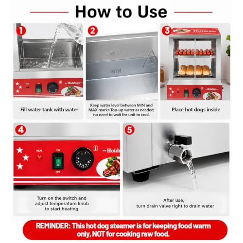 29 QT Hot Dog Steamer with Bun Warmer - Electric Steaming Machine 2-Tier Capacity for 175 Hot Dogs & 40 Buns, Visible Glass Slide Doors for Commercial Home Use