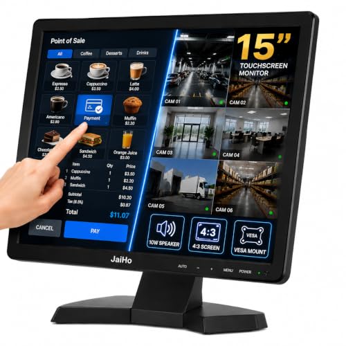15-Inch Touchscreen Monitor, 1024x768 HD 4:3 Aspect Ratio LCD Display, BNC HDMI VGA AV USB Input, 400cd/m² High Brightness Touch Screen for POS Kiosk Industrial Security, Built-in Speakers - size: 15Inch/4:3
