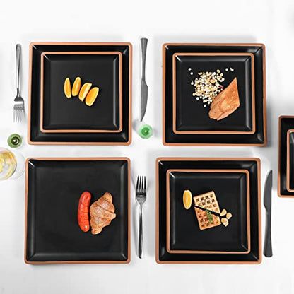 Melamine Dinnerware Sets Service for 4, Square Dinner Plates and Bowls Set - color: Metallic bronzed edge