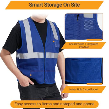 AYKRM 2 Pocket Mesh High Visibility Reflective Safety Vest for men & Women ANSI/ISEA 107 Standards - color: Blue, size: Small