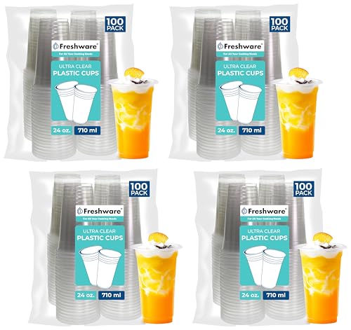 Freshware 24 oz Clear Disposable Plastic Cups, 400 Pack Clear Plastic Cups Tumblers, Heavy-duty Party Glasses, Disposable Cups for Thanksgiving, Halloween, Christmas Party - size: 24 oz. [100-PK] (Pack of 4)