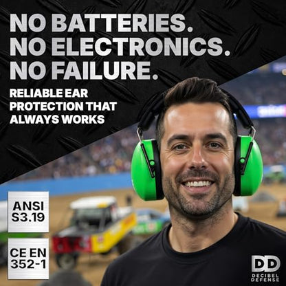 DECIBEL DEFENSE Ear Protection, 37 dB NRR Ear Muffs (SAFETY GREEN) - color: Safety Green, size: Regular