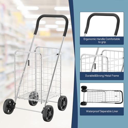 Whitmor Utility Shopping Cart - Durable Folding Design for Easy Storage, Model Number: 6250-4997-2-SIOCA - size: 13.25"W x 11"L x 34.25"H, Gray