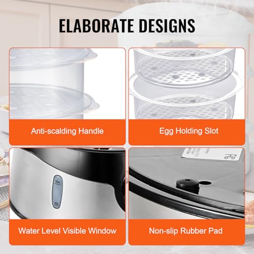 VEVOR Electric Food Steamer, 9.5Qt Electric Vegetable Steamer with 3-Tier Stackable Trays, Food-Grade Food Steamer for Cooking with 60 Min Timer, Auto Shut-Off & Boil Dry Protection (800W) - size: 9.5Qt