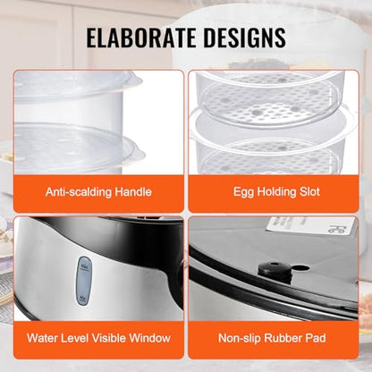 VEVOR Electric Food Steamer, 9.5Qt Electric Vegetable Steamer with 3-Tier Stackable Trays, Food-Grade Food Steamer for Cooking with 60 Min Timer, Auto Shut-Off & Boil Dry Protection (800W) - size: 9.5Qt