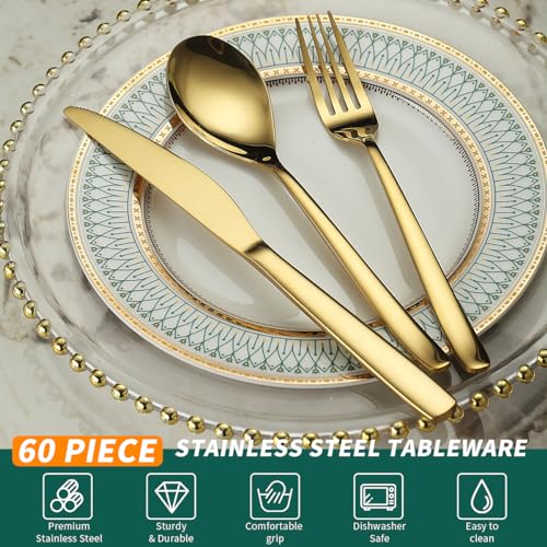 Berglander Gold Wedding Silverware Set 60pcs Service for 20, Titanium Plating Stainless Steel Flatware Set, Gold Spoons Forks Knives Set for Home, Wedding, Restaurant, Dishwasher Safe - color: b. 60 Pcs B