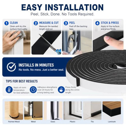 Storystore Self Adhesive Foam Weather Stripping, 1/2"x1/8"x 33FT Door Seal - size: 1/2In x 1/8In x 33Ft