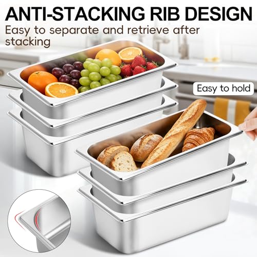 GOLDEN KEY 6 Pack 1/3 Size 4'' Deep Stainless Steel Anti-Jam Hotel Pan - color: 1/3, size: 4" Deep