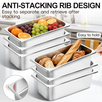 GOLDEN KEY 6 Pack 1/3 Size 4'' Deep Stainless Steel Anti-Jam Hotel Pan - color: 1/3, size: 4" Deep