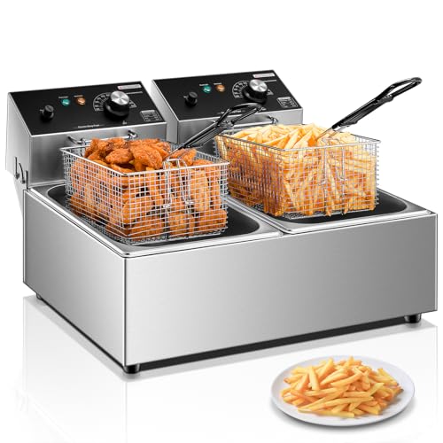 Commercial Deep Fryer with Basket, 3400W 20.7Qt Dual Tank Deep Fryer with Temperature Control, Large Capacity Stainless Steel Electric Countertop Fryer for Restaurant or Home Use