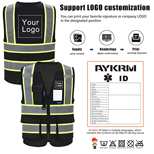 AYKRM Security Vest for Men Women 7 Pockets High Visibility Reflective Safety Vest Front Zipper Meets ANSI/ISEA - color: Black, size: Small