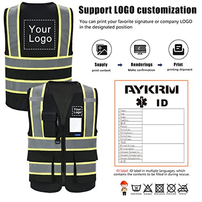 AYKRM Security Vest for Men Women 7 Pockets High Visibility Reflective Safety Vest Front Zipper Meets ANSI/ISEA - color: Black, size: Small