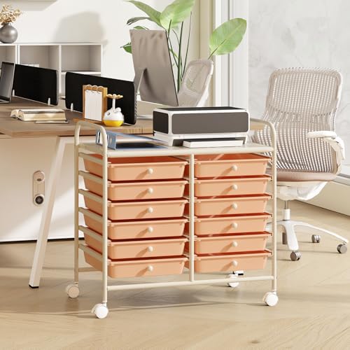 RELAX4LIFE 12-Drawer Rolling Storage Cart - Mobile Utility Cart on Wheels for School Classroom Teacher Office Salon, Paper File Art Supply Craft Organizer, Rolling Cart with Drawers (Pink) - color: Pink, size: 24.5''