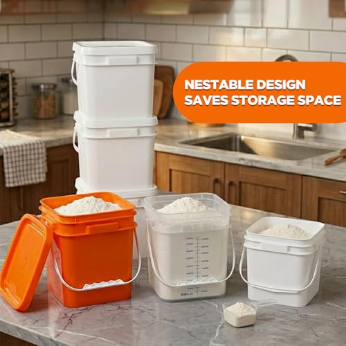 DEMORA 68oz Food Grade Square Plastic Bucket with Lid, Airtight Storage Container, Reusable Pail for Kitchen Food Water Ice Cream Household Use (White, 6Pcs) - color: White