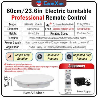 23.6In Remote Large Motorized electric turntable Rotating platform Photography Turntable Motorized lazy susan Base giratoria para for Photography,3D Scanner,Heavy duty display(Load Range:220~500lbs) - size: 23.6inch/White/500Lbs Load