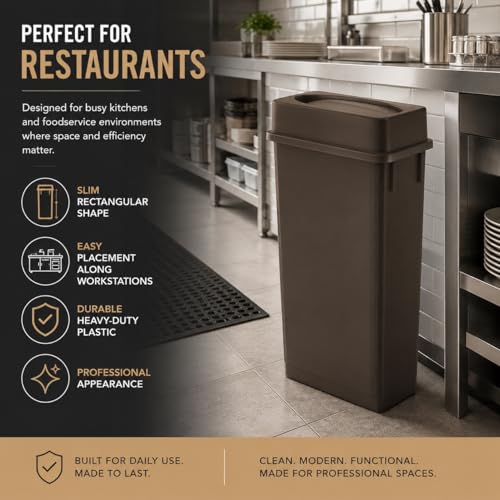 23 Gallon Slim Rectangular Commercial Trash Can, Heavy Duty Plastic Indoor Waste Bin for Kitchen, Office, Restaurant, School, Restroom & Janitorial Use (Brown, with Lid) - color: Brown