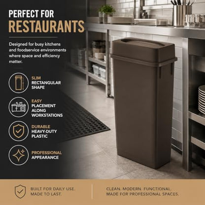 23 Gallon Slim Rectangular Commercial Trash Can, Heavy Duty Plastic Indoor Waste Bin for Kitchen, Office, Restaurant, School, Restroom & Janitorial Use (Brown, with Lid) - color: Brown