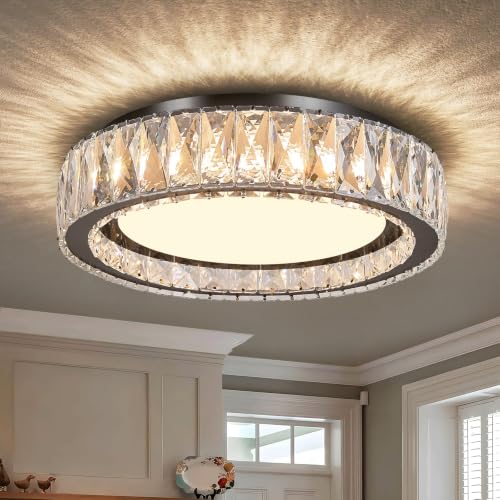 15 Inch LED Dimmable Crystal Flush Mount Ceiling Light Fixture - color: Brushed Black, size: 15 Inch
