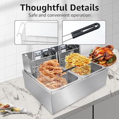 Commercial Deep Fryer with Baskets, 5000W Thickened Stainless Steel Electric Oil Fryer, Large Capacity with Temperature Control (12L) - size: 12L