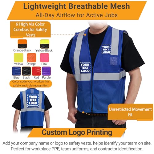 AYKRM 2 Pocket Mesh High Visibility Reflective Safety Vest for men & Women ANSI/ISEA 107 Standards - color: Blue, size: Small