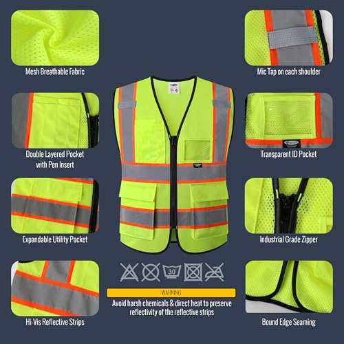 JKSafety Safety Vest for men women Hi Vis Vest with Pockets and Zipper High Visibility Reflective Vests BX320 - color: Yellow, size: X-Large