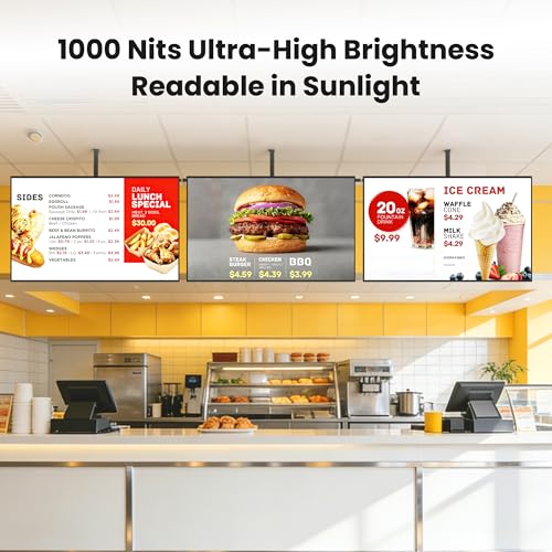 43 Inch Digital Signage Display, 4K UHD 1000 Nits Advertising Screen, Android 14.0 Wall Mount Digital Menu Board for Restaurants, Smart tv signage with 4GB RAM 64GB Storage, Smart Split Screen - size: 43 inches