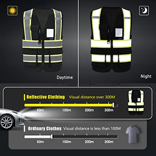 AYKRM Security Vest for Men Women 7 Pockets High Visibility Reflective Safety Vest Front Zipper Meets ANSI/ISEA - color: Black, size: Small