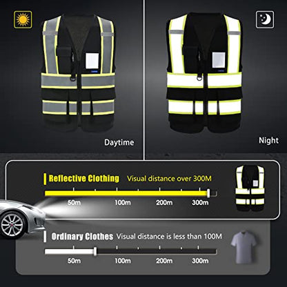AYKRM Security Vest for Men Women 7 Pockets High Visibility Reflective Safety Vest Front Zipper Meets ANSI/ISEA - color: Black, size: Small