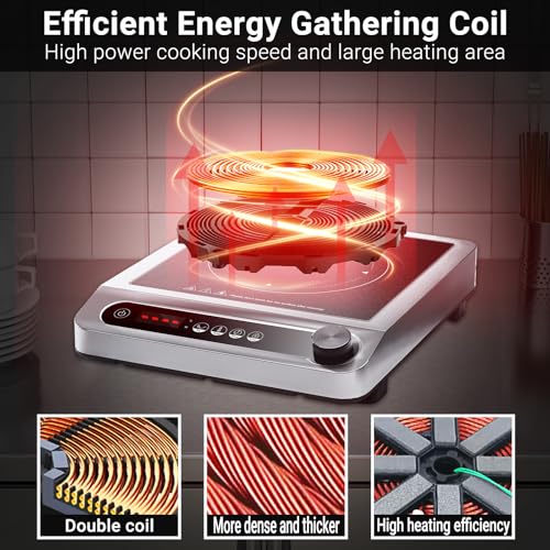 AMZCHEF Commercial Induction Cooktop, 1800W Countertop Burner with 18 Power&Temperature Setting, Double IGBT, Timer, Safety Function, Stainless steel Electric Hot Plate for Restaurant, Kitchen, Hotel